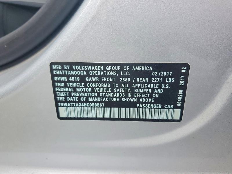 2017 Volkswagen Passat მანქანა იყიდება აუქციონზე, vin: 1VWAT7A34HC058567, აუქციონის ნომერი: 55930086