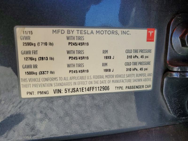 2015 Tesla Model S მანქანა იყიდება აუქციონზე, vin: 5YJSA1E14FF112906, აუქციონის ნომერი: 56004946