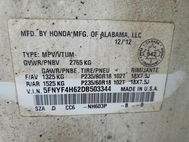Продаж на аукціоні авто 2013 Honda Pilot, vin: 5FNYF4H62DB503344, номер лоту: 58546666