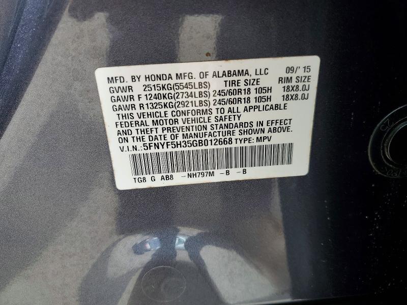 Aukcja sprzedaży 2016 Honda Pilot, vin: 5FNYF5H35GB012668, numer aukcji: 57206056