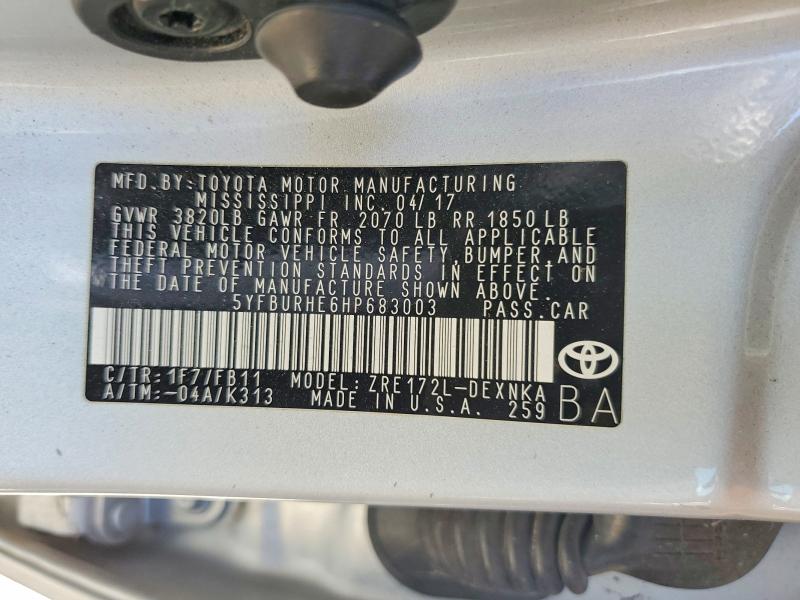 Auction sale of the 2017 Toyota Corolla, vin: 5YFBURHE6HP683003, lot number: 56465676