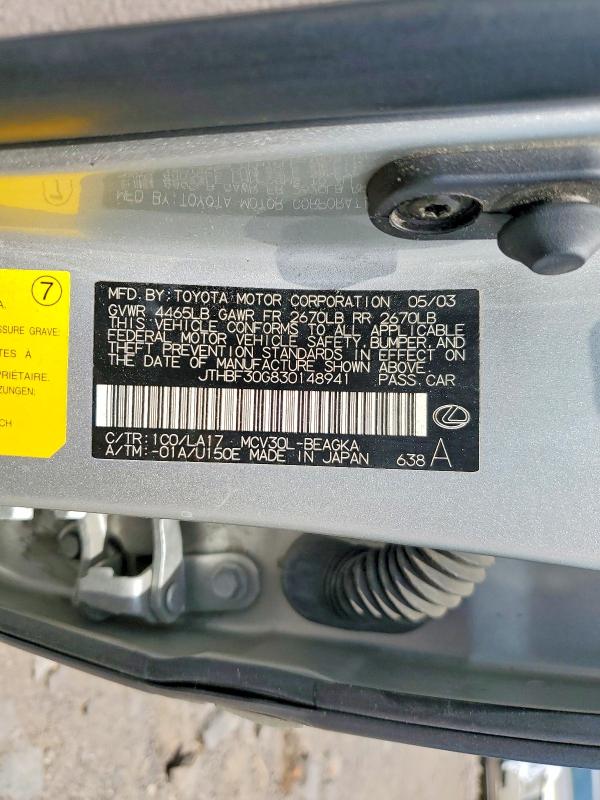 Продажа на аукционе авто 2003 Lexus Es, vin: JTHBF30G830148941, номер лота: 56860116