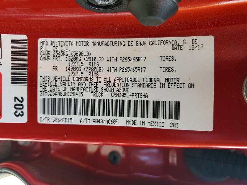 56640186 :رقم المزاد ، 3TMCZ5AN8JM128415 vin ، 2018 Toyota Tacoma مزاد بيع