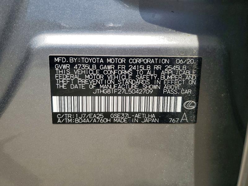 58906636 :رقم المزاد ، JTHG81F27L5042709 vin ، 2020 Lexus Is مزاد بيع