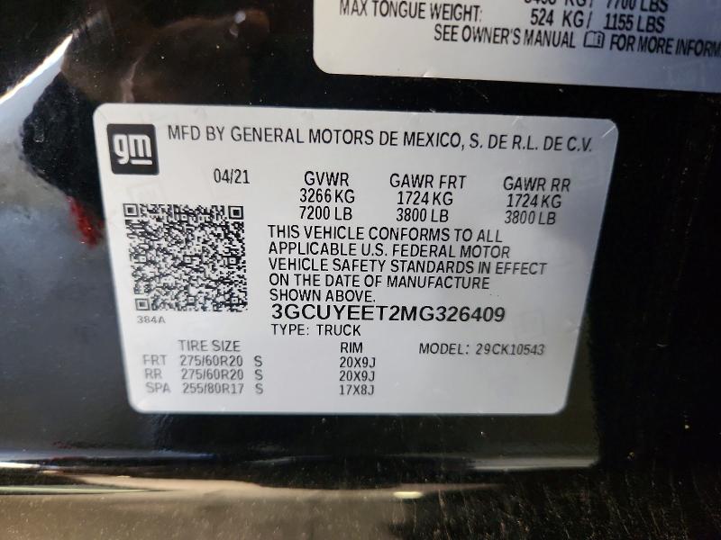2021 Chevrolet Silverado მანქანა იყიდება აუქციონზე, vin: 3GCUYEET2MG326409, აუქციონის ნომერი: 57147066