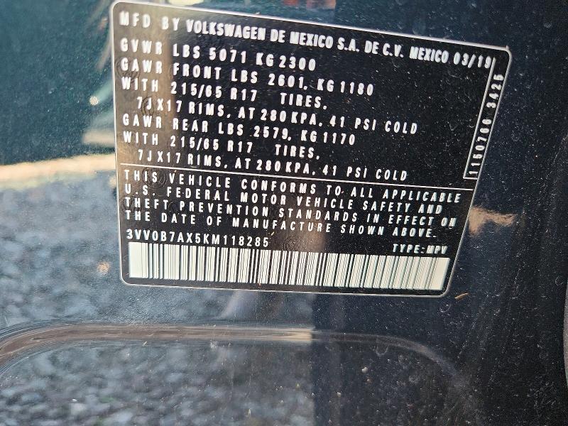 56598796 :رقم المزاد ، 3VV0B7AX5KM118285 vin ، 2019 Volkswagen Tiguan مزاد بيع
