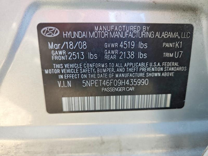 2009 Hyundai Sonata მანქანა იყიდება აუქციონზე, vin: 5NPET46F09H435990, აუქციონის ნომერი: 55058836