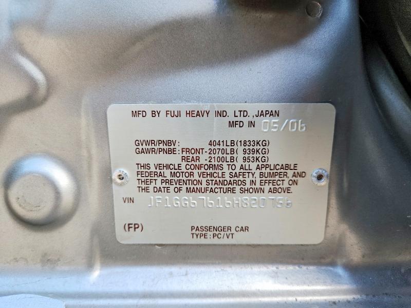 55692626 :رقم المزاد ، JF1GG67616H820756 vin ، 2006 Subaru Impreza مزاد بيع