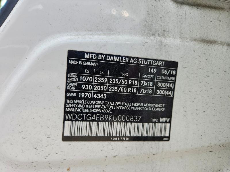 2019 Mercedes-benz Gla მანქანა იყიდება აუქციონზე, vin: WDCTG4EB9KU000837, აუქციონის ნომერი: 58454116