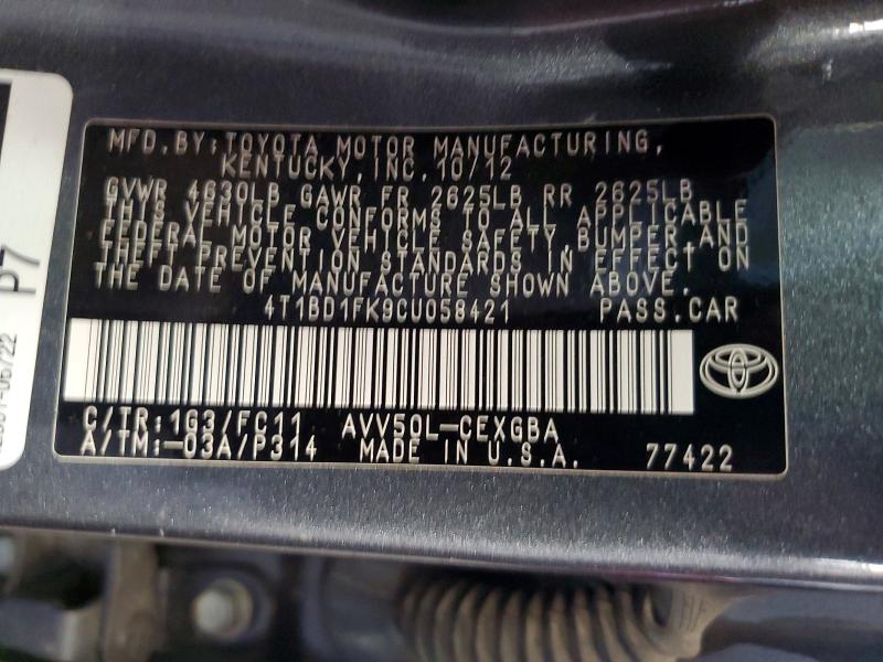 Aukcja sprzedaży 2012 Toyota Camry Hybrid, vin: 4T1BD1FK9CU058421, numer aukcji: 54580566