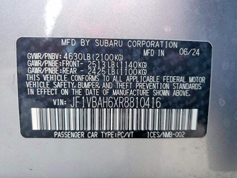 57474706 :رقم المزاد ، JF1VBAH6XR8810416 vin ، 2024 Subaru Wrx مزاد بيع
