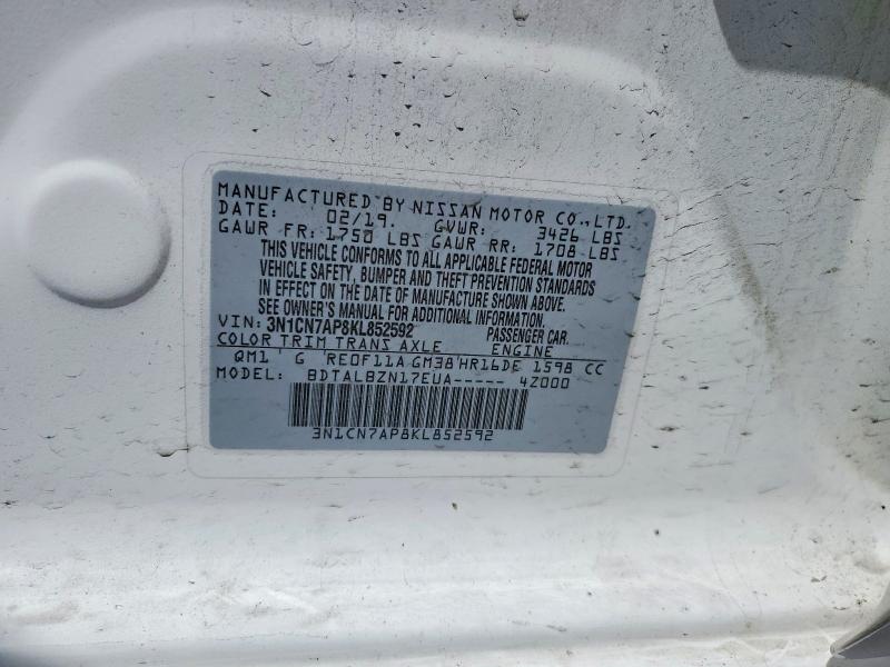 Aukcja sprzedaży 2019 Nissan Versa, vin: 3N1CN7AP8KL852592, numer aukcji: 55055636