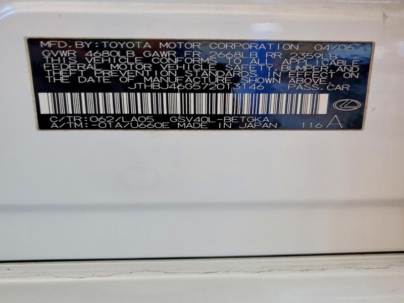 58366916 :رقم المزاد ، JTHBJ46G572013146 vin ، 2007 Lexus Es مزاد بيع