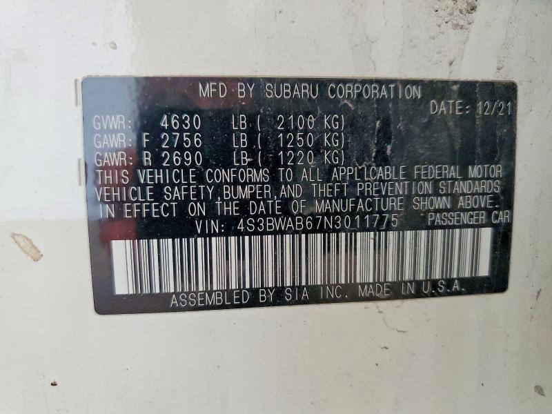 Продажа на аукционе авто 2022 Subaru Legacy, vin: 4S3BWAB67N3011775, номер лота: 55884506