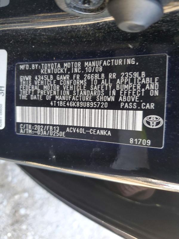 2009 Toyota Camry მანქანა იყიდება აუქციონზე, vin: 4T1BE46K89U895720, აუქციონის ნომერი: 56189796