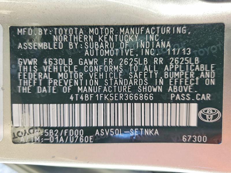 56862366 :رقم المزاد ، 4T4BF1FK5ER366866 vin ، 2014 Toyota Camry مزاد بيع