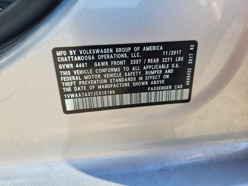 2018 Volkswagen Passat მანქანა იყიდება აუქციონზე, vin: 1VWAA7A37JC015160, აუქციონის ნომერი: 57942626