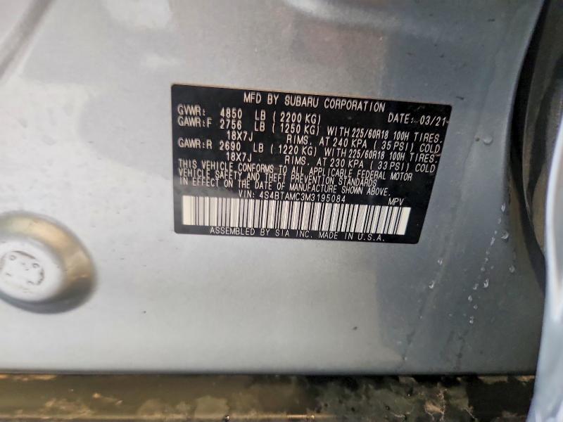 2021 Subaru Outback მანქანა იყიდება აუქციონზე, vin: 4S4BTAMC3M3195084, აუქციონის ნომერი: 57352006