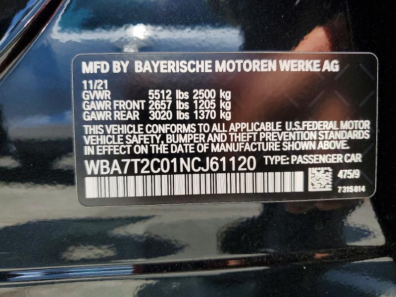 Продажа на аукционе авто 2022 Bmw 740, vin: WBA7T2C01NCJ61120, номер лота: 58152936