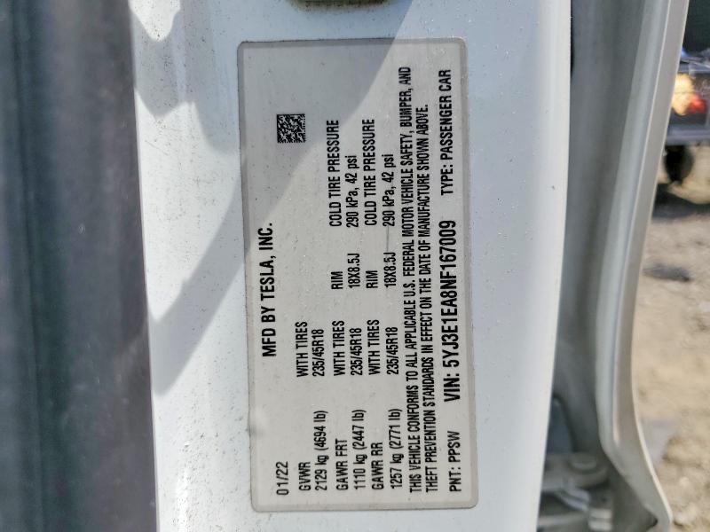 Продажа на аукционе авто 2022 Tesla Model 3, vin: 5YJ3E1EA8NF167009, номер лота: 55504046