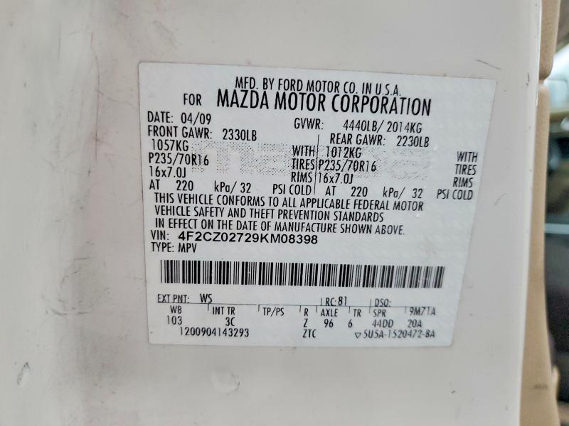 Продажа на аукционе авто 2009 Mazda Tribute, vin: 4F2CZ02729KM08398, номер лота: 58025506