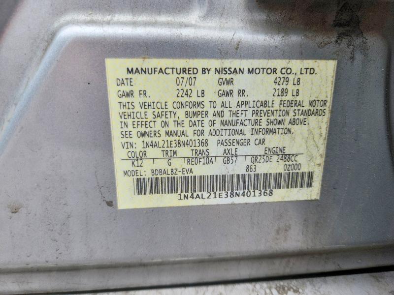 Продажа на аукционе авто 2008 Nissan Altima, vin: 1N4AL21E38N401368, номер лота: 58407086