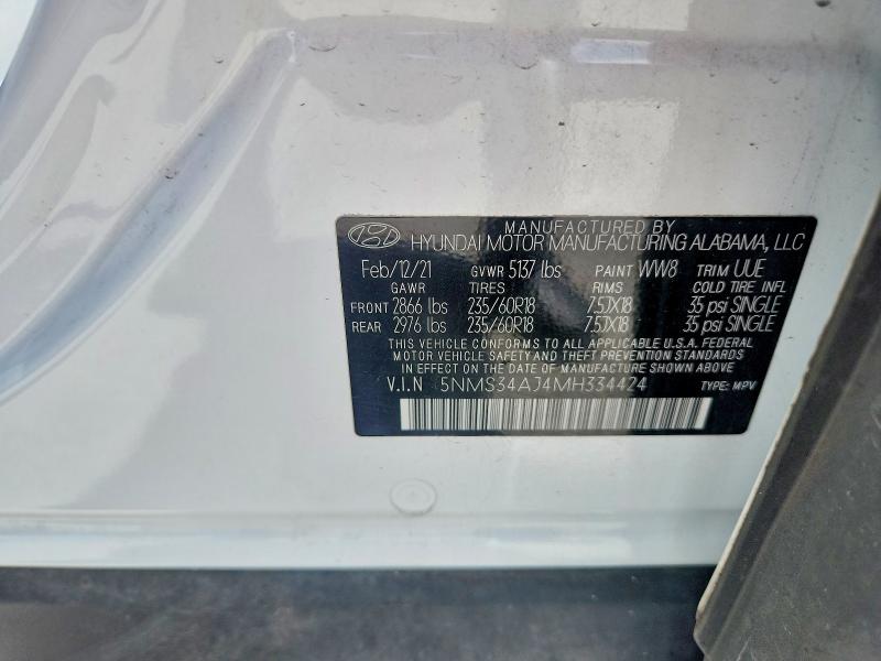 2021 Hyundai Santa Fe მანქანა იყიდება აუქციონზე, vin: 5NMS34AJ4MH334424, აუქციონის ნომერი: 55957986