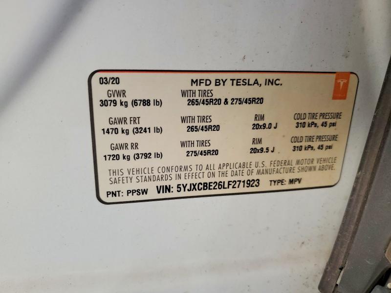 2020 Tesla Model X მანქანა იყიდება აუქციონზე, vin: 5YJXCBE26LF271923, აუქციონის ნომერი: 57573456