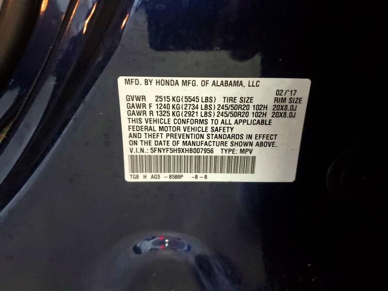 Продаж на аукціоні авто 2017 Honda Pilot, vin: 5FNYF5H9XHB007956, номер лоту: 56343316