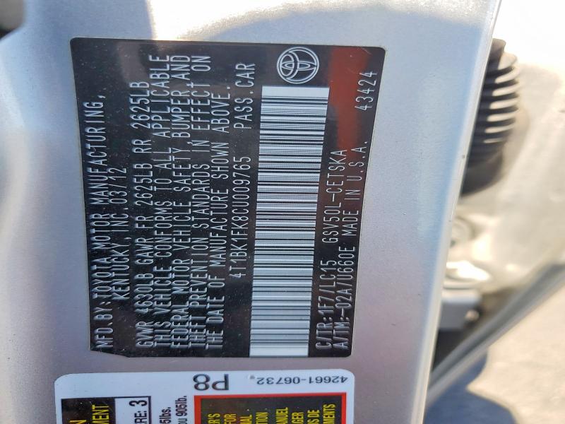 57599056 :رقم المزاد ، 4T1BK1FK8CU009765 vin ، 2012 Toyota Camry مزاد بيع