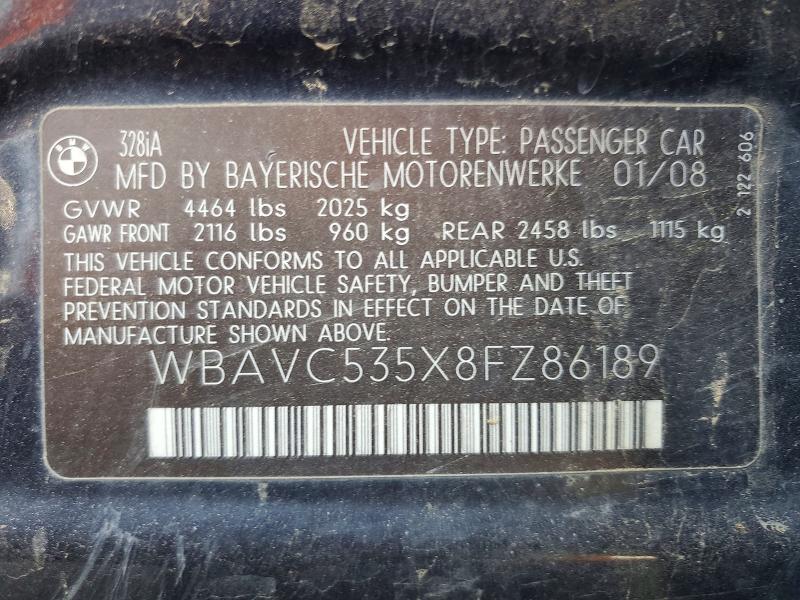 Aukcja sprzedaży 2008 Bmw 328, vin: WBAVC535X8FZ86189, numer aukcji: 56342636
