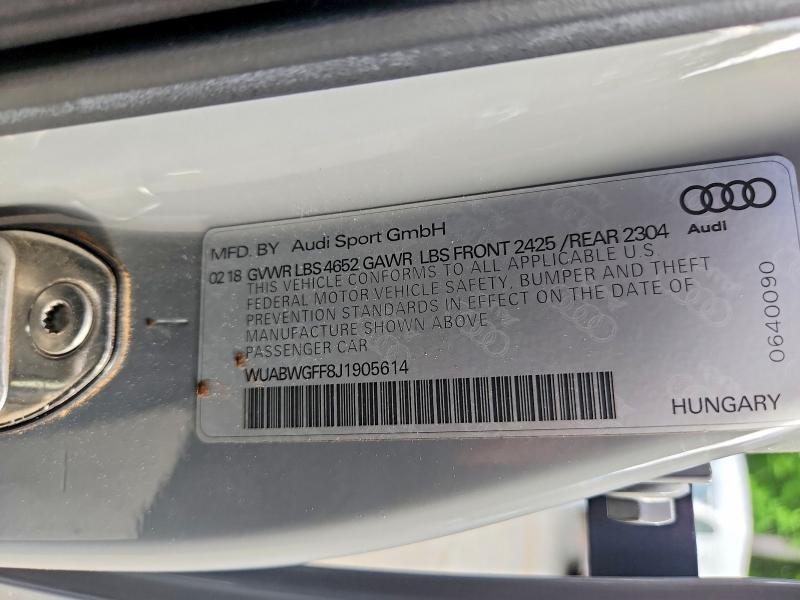 Aukcja sprzedaży 2018 Audi Rs3, vin: WUABWGFF8J1905614, numer aukcji: 57014246