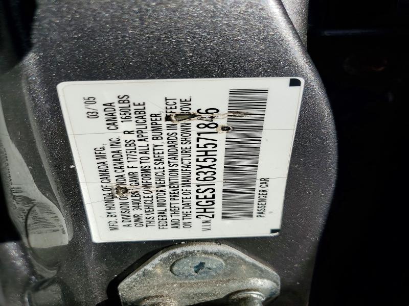 2005 Honda Civic მანქანა იყიდება აუქციონზე, vin: 2HGES163X5H571846, აუქციონის ნომერი: 57987866