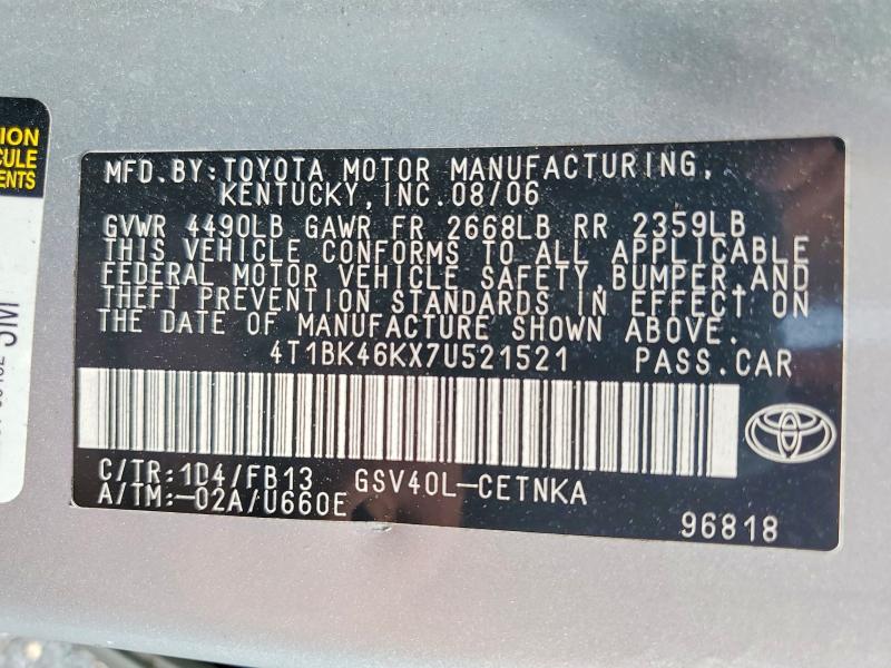 2007 Toyota Camry მანქანა იყიდება აუქციონზე, vin: 4T1BK46KX7U521521, აუქციონის ნომერი: 58944106