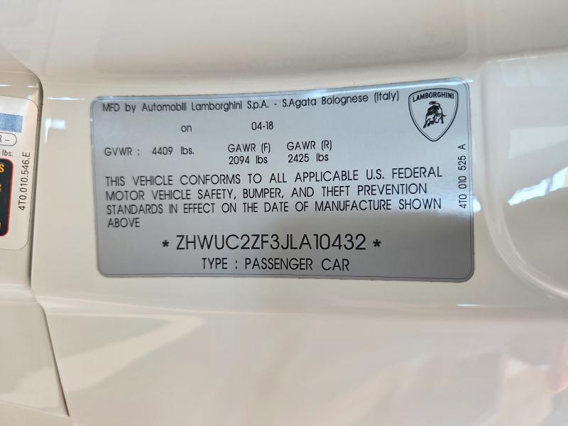 57928996 :رقم المزاد ، ZHWUC2ZF3JLA10432 vin ، 2018 Lamborghini Huracan مزاد بيع