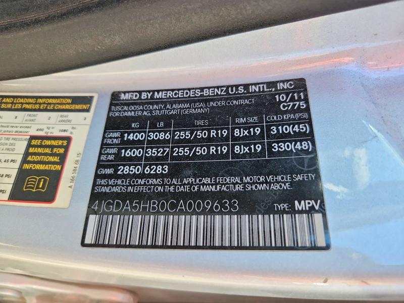 56305326 :رقم المزاد ، 4JGDA5HB0CA009633 vin ، 2012 Mercedes-benz Ml مزاد بيع
