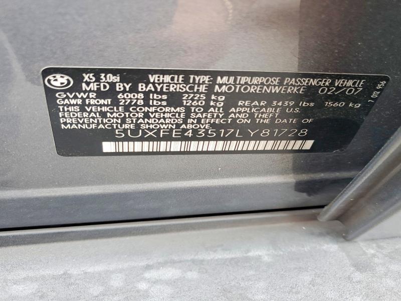 Aukcja sprzedaży 2007 Bmw X5, vin: 5UXFE43517LY81728, numer aukcji: 58769336