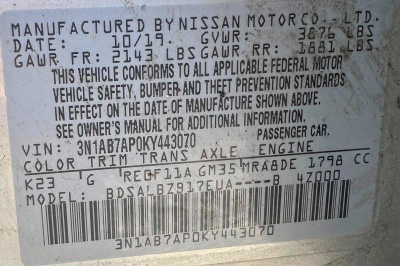 Aukcja sprzedaży 2019 Nissan Sentra, vin: 3N1AB7AP0KY443070, numer aukcji: 57154416