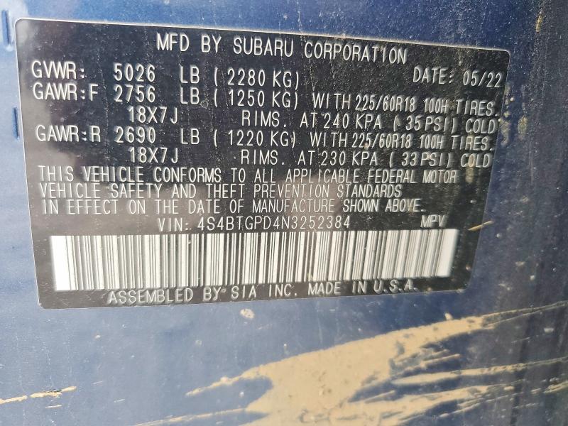 Продажа на аукционе авто 2022 Subaru Outback, vin: 4S4BTGPD4N3252384, номер лота: 55605886