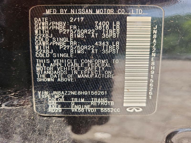 55367976 :رقم المزاد ، JN8AZ2NE8H9156261 vin ، 2017 Infiniti Qx80 مزاد بيع