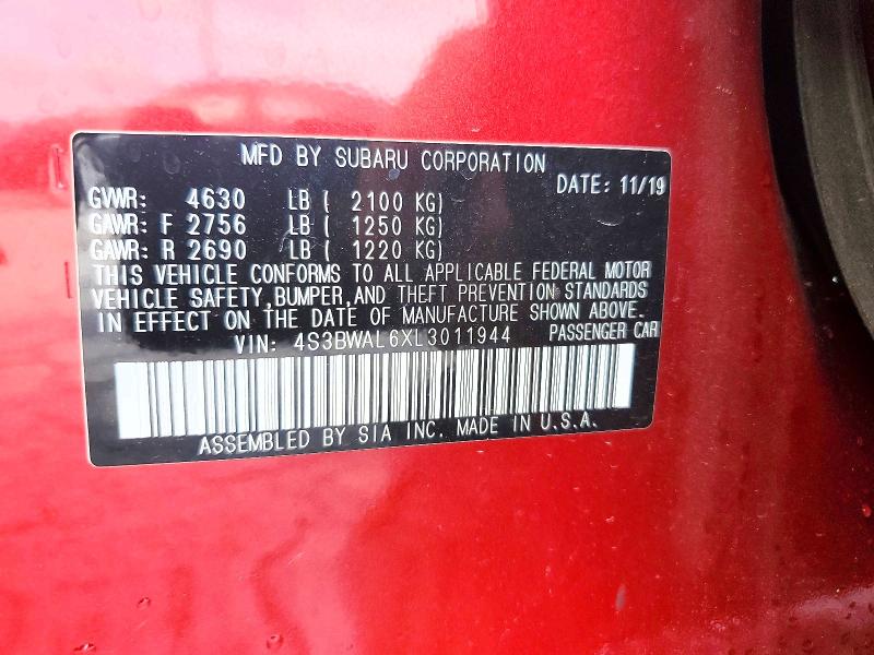 57329586 :رقم المزاد ، 4S3BWAL6XL3011944 vin ، 2020 Subaru Legacy مزاد بيع