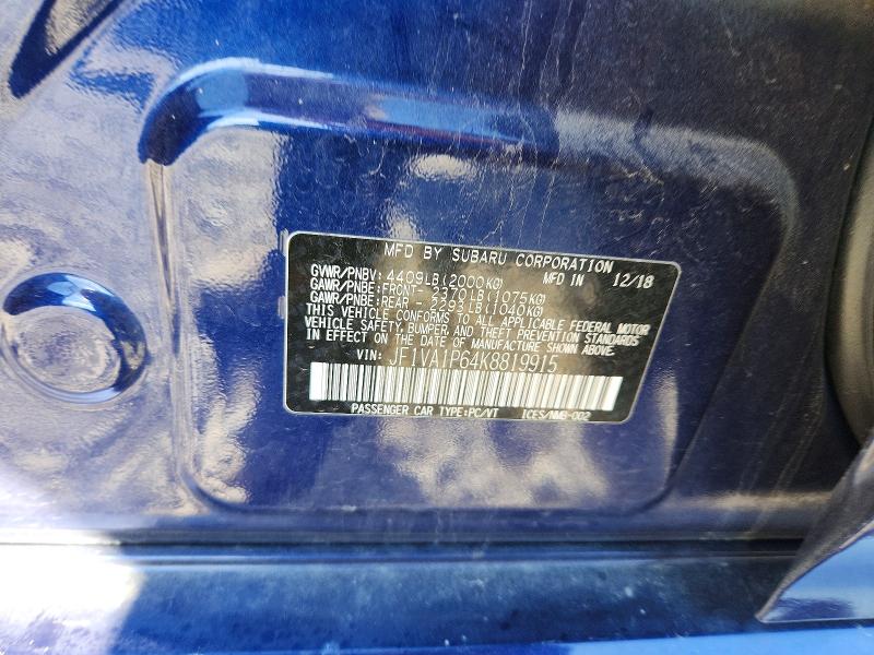 Продажа на аукционе авто 2019 Subaru Wrx, vin: JF1VA1P64K8819915, номер лота: 56096986