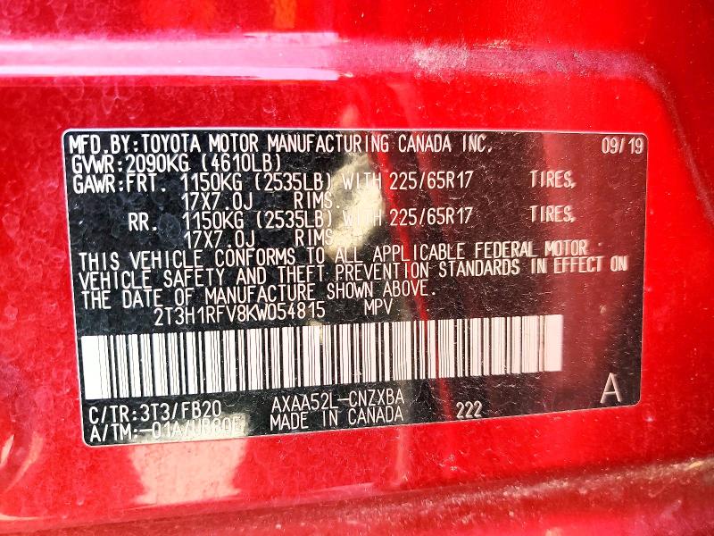 2019 Toyota Rav4 მანქანა იყიდება აუქციონზე, vin: 2T3H1RFV8KW054815, აუქციონის ნომერი: 57816716