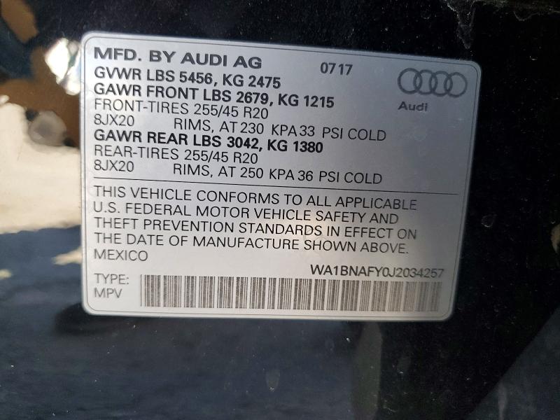 58620186 :رقم المزاد ، WA1BNAFY0J2034257 vin ، 2018 Audi Q5 مزاد بيع