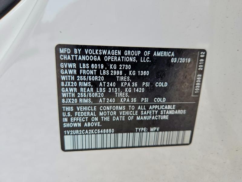 2019 Volkswagen Atlas მანქანა იყიდება აუქციონზე, vin: 1V2UR2CA2KC548850, აუქციონის ნომერი: 55282976
