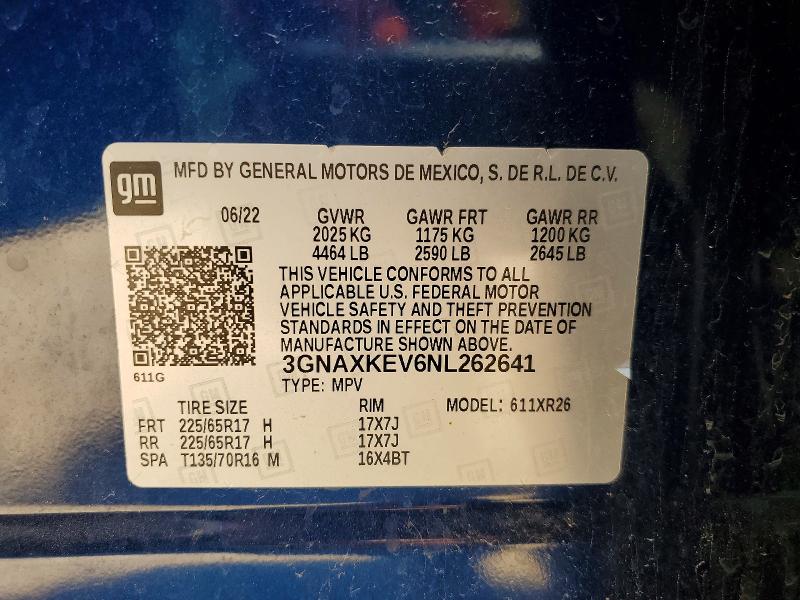 Aukcja sprzedaży 2022 Chevrolet Equinox, vin: 3GNAXKEV6NL262641, numer aukcji: 59085366