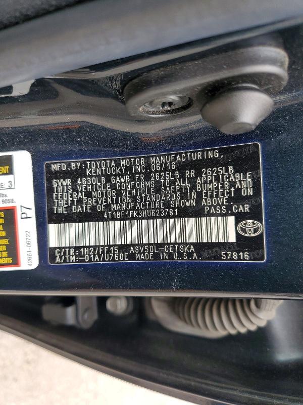 2017 Toyota Camry მანქანა იყიდება აუქციონზე, vin: 4T1BF1FK3HU623781, აუქციონის ნომერი: 56484916