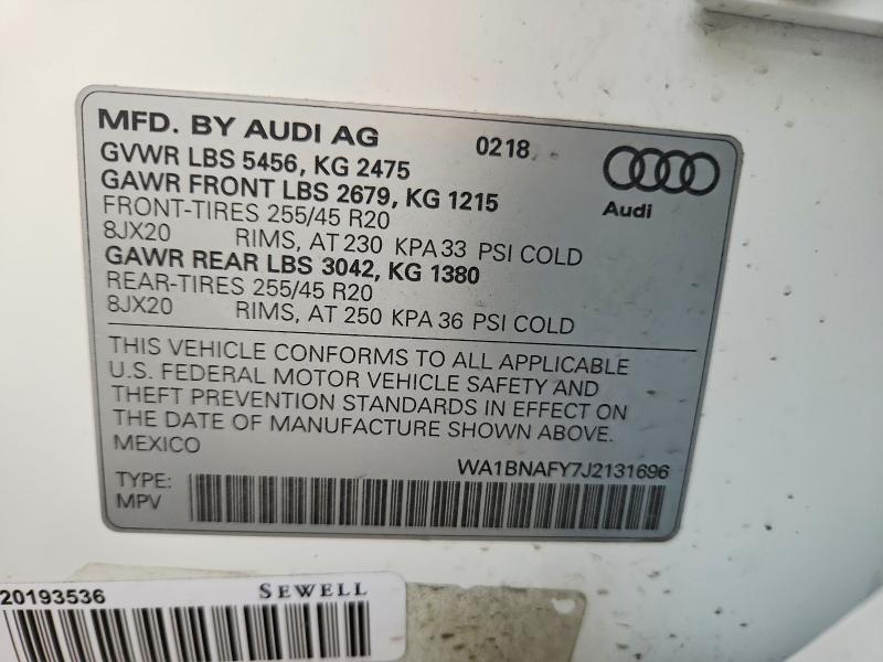 58935486 :رقم المزاد ، WA1BNAFY7J2131696 vin ، 2018 Audi Q5 مزاد بيع