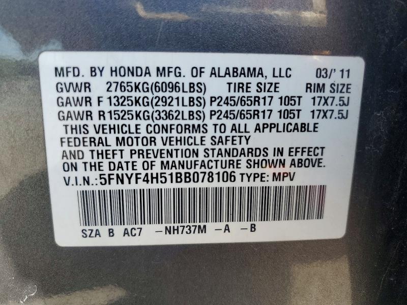 Продаж на аукціоні авто 2011 Honda Pilot, vin: 5FNYF4H51BB078106, номер лоту: 55438446