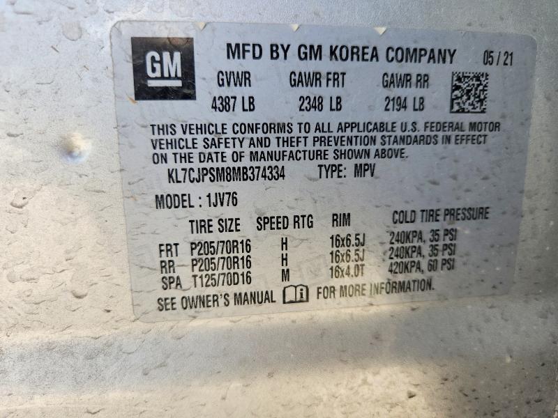 2021 Chevrolet Trax მანქანა იყიდება აუქციონზე, vin: KL7CJPSM8MB374334, აუქციონის ნომერი: 54180236